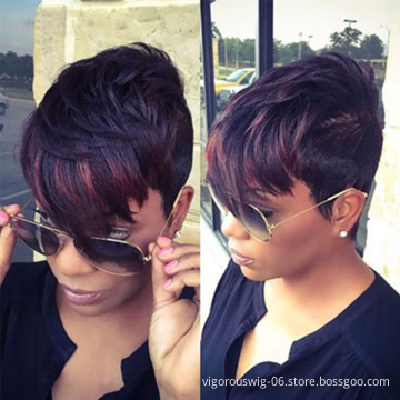 Vigorous Natural Black Short Pixie Cut Wig with Red Bangs Synthetic Short Straight Hair Wig for Women Natural Looking